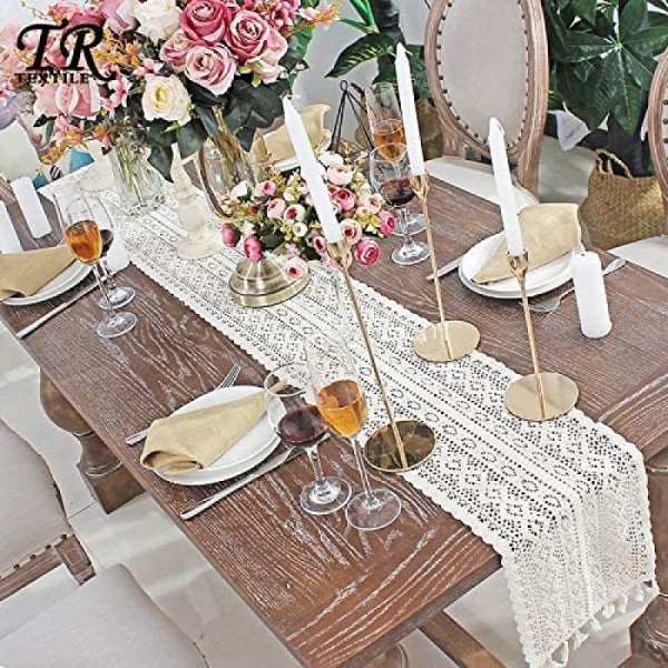 Beige Bordløper Rektangulær Heklet Blonder Elegant Hullet Mesh Duk for Rustik Boho Bryllup, Borddekor