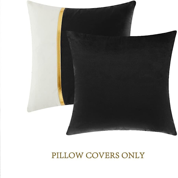 2 Pack Svart Dekorativa Kuddfodral 18x18 Tum för Vardagsrumssoffa Säng, Svart och Vitt Sammet Patchwork med Guld Läder 45x45 cm