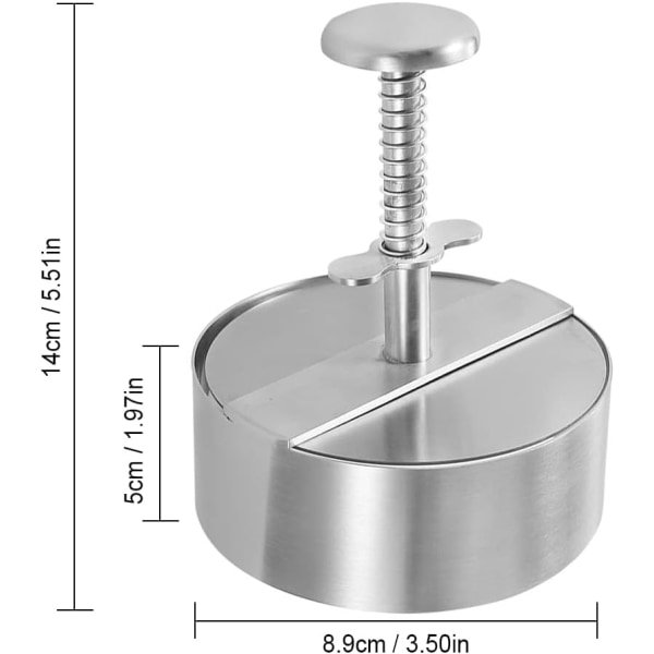 Burgerpresse i rustfritt stål, 304 hamburgerpresse i rustfritt stål, justerbare former for tilberedning av kjøttdeig som passer til oksekjøttburgere (89 mm)