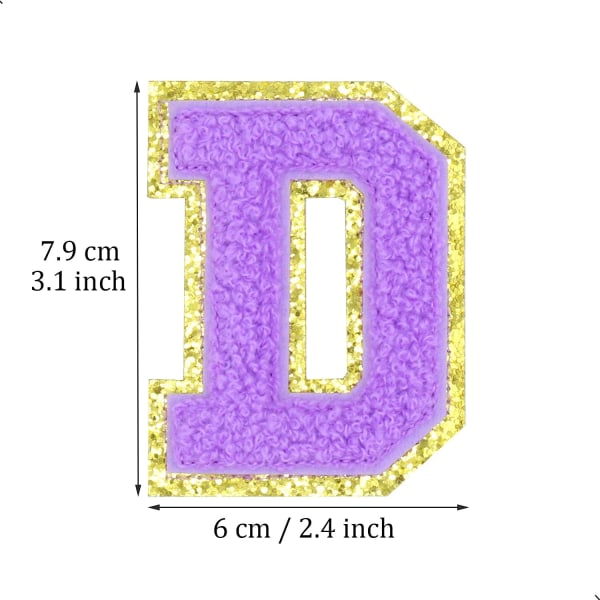 Engelsk bokstav D strykejern på reparasjonslapper alfabet sy applikasjoner klær merker, med gull glitterkant, selvklebende bakside klistremerke（lilla D）DPurple