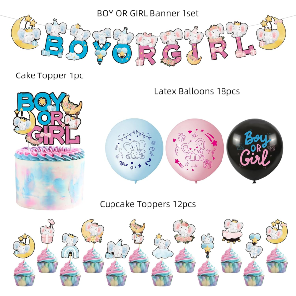 Baby Gender Reveal Party Supplies, Blå och Rosa Baby Shower Inredning inklusive Pojke eller Flicka Elefant Banner Cake Topper