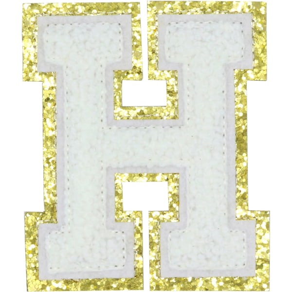 Engelska bokstaven H Stryk på reparationslappar Alfabetsömnad Applikationer Klädmärken, med guldglitterkant, självhäftande bakdekal（Vit H）HVit