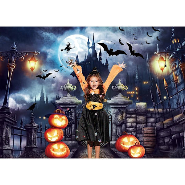 Halloween-yön Täysikuu Taustakangas Kurpitsa Lepakko Kauhu Valokuvajuhlat Linna Haamu Teema Tausta Koriste Lapsille (7x5FT(210X150cm))