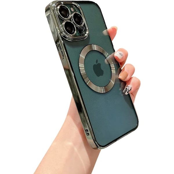 iPhone 13 Pro Max -kotelo, magneettinen, läpinäkyvä, kameran linssisuojalla, täydellinen suojaus, MagSafe, sähköpinnoitettu silikoni, 6,7 tuumaa - alppikuusivihreä