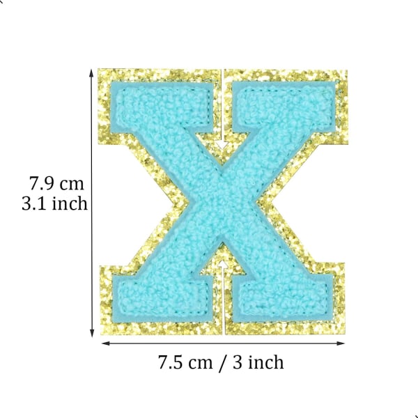 Engelsk bogstav X Stryg på reparationslapper Alfabetsyning Applikationer Tøjmærker, med guldglitterkant, selvklæbende bagklistermærke（Blå X）XBlue