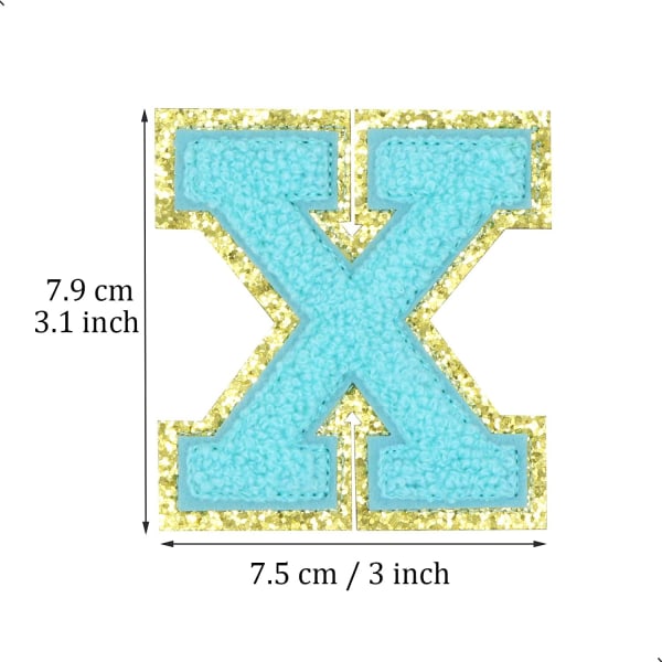 English Letter X Iron On Repair Patches Alphabet Sewing Appliques Clothing Badges, with Gold Glitters Border, Adhesive Back Sticker（Blue X）XBlue