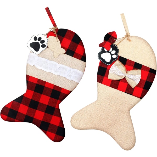 2 stk. Burlap kæledyr jule strømper Buffalo Plaid store fisk formet bue kæledyr jule strømper til juletræ hjem fest dekorationer
