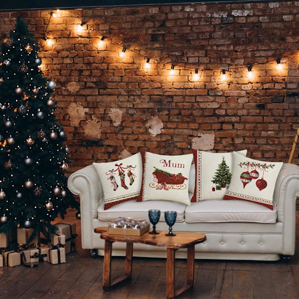 Juleputetrekk 45x45cm, 4-pak juledekorative sofa i bomull og lin Jule-God jul-dekorasjon
