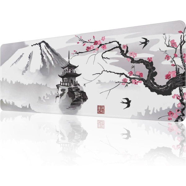Japansk Cherry Blossom musematte (31,5 × 11,8 × 0,12 tommer) Forlenget stor musematte Skrivebordspute, musematte med sydde kanter