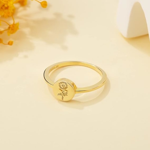 18K gullbelagt sterlingsølvringer for kvinner, håndlagde graverte solsikkeblomster signetringer minimalistiske statement-ring