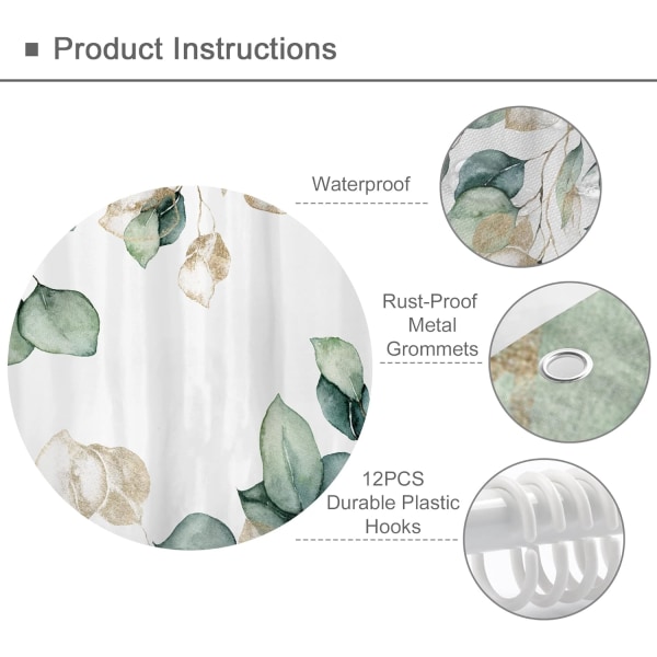 Eukalyptus Duschdraperi 72Wx72H Tum Grön Blad Guld Akvarell Växt Natur Botanisk Blad Blommig Badrum Set med 12