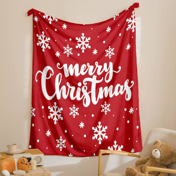 Merry Christmas Filt Röd Flanell Fleece Filt Vit Snowflake Print Mjuk plysch filt för sovrumssoffa (127 cm x 152,4 cm), Jul