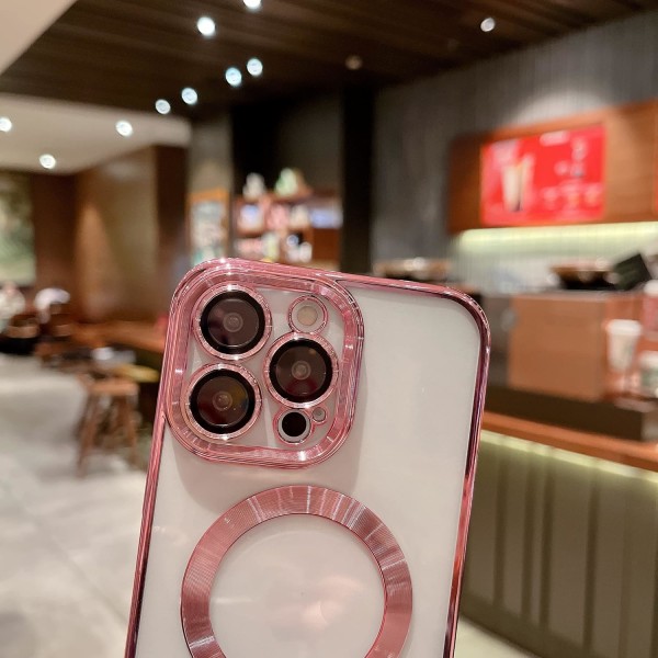 iPhone 13 Pro Max case Magneettinen kirkas kameran linssisuojalla Täysi suojaus MagSafe galvanoitu silikoni 6,7 tuumaa - vaaleanpunainen