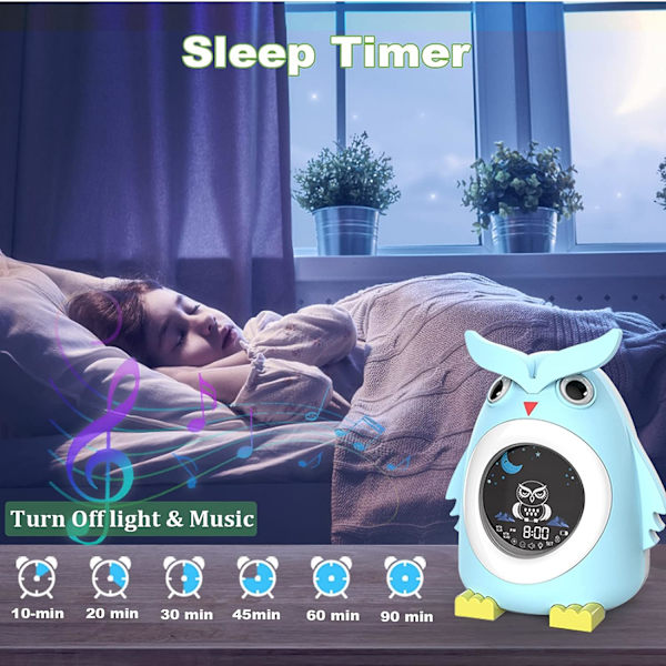 Barnklocka, väckarklocka för småbarn med nattlampa, sömnmaskin, NAP-timer, söt digital väckarklocka för barn, uggla
