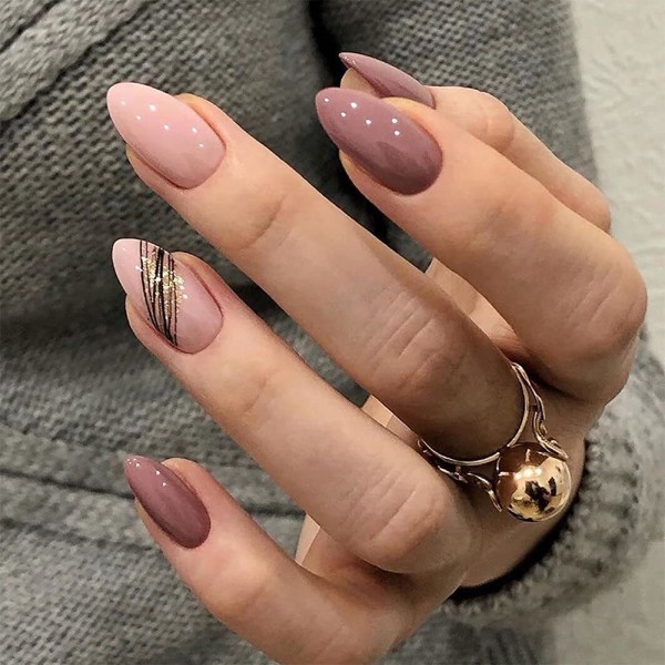 Glänsande rosa mandelpress på naglar med design, Akrylnaglar tryck på, Stick på naglar för kvinnor