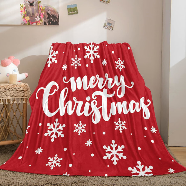 Merry Christmas Filt Röd Flanell Fleece Filt Vit Snowflake Print Mjuk plysch filt för sovrumssoffa (127 cm x 152,4 cm), Jul