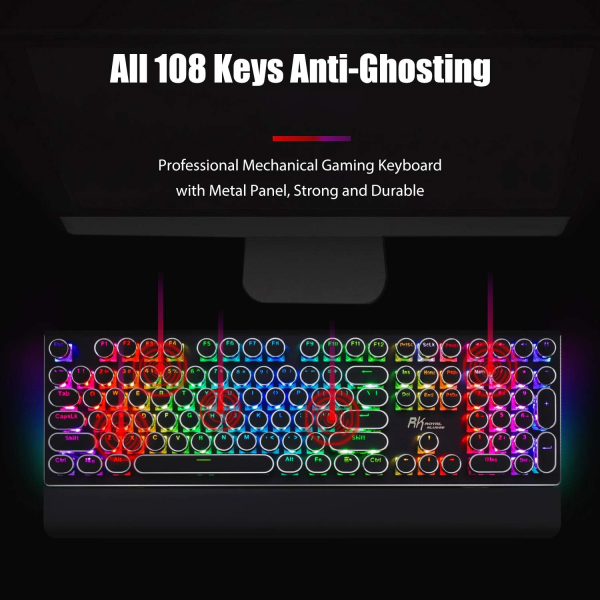 Mekanisk gamingtastatur i skrivemaskinestil med ægte RGB-baggrundsbelysning, foldbar håndledsstøtte, 108 taster, sort