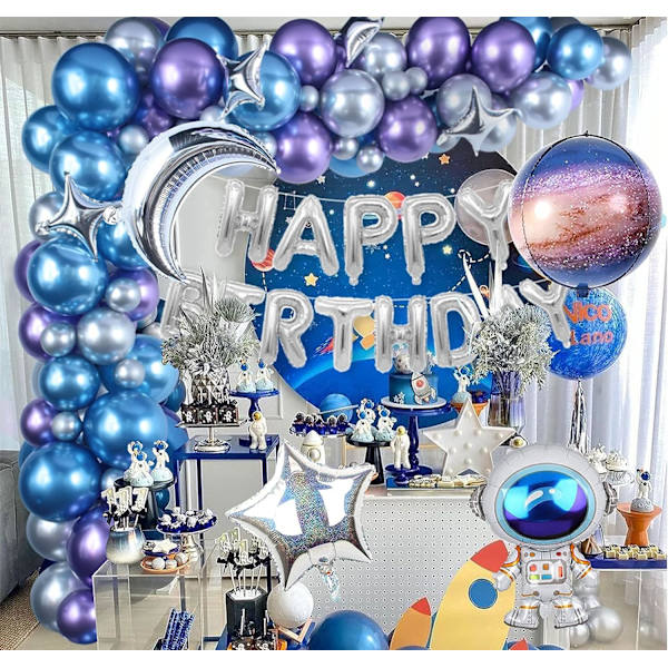 109PCS Ulkoavaruus Syntymäpäiväjuhlan Koriste Metalli Ilmapallo Garland Arch Kit Onnellinen Syntymäpäivä Galaxy Raketti Astronautti Kuu Tähtifolio Ilmapallot
