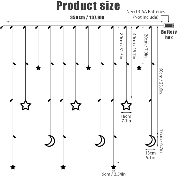 Stjerne- og månelys gardin, 3,5 m månelys gardin Ramadan, LED-stjernelys, stjernelys gardin, dekorativ lampe for vindu, jul