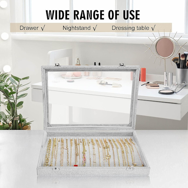 Halsbandshållare Box Premium 20 Krokar Halsband Display Smyckeskrin med Transparent Lock Smyckeshalsband Display Box (Grå)