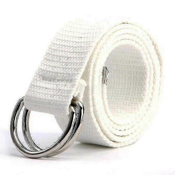 Unisex Canvas Bälte Enkelt Vävt Dubbel D-ring Metallspänne Midjeband White
