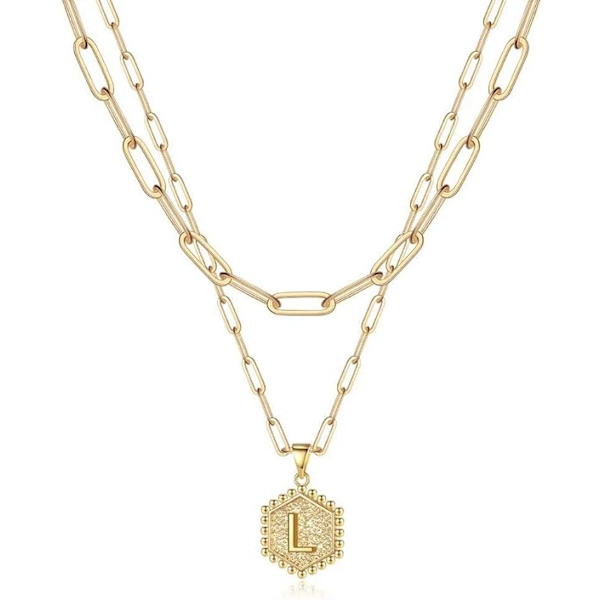 Flotte lagdelte halskjeder med initialer for kvinner, trendy, 14K ekte gullbelagt bindersklipskjede, søtt heksagonformet bokstavanheng, choker med initialer