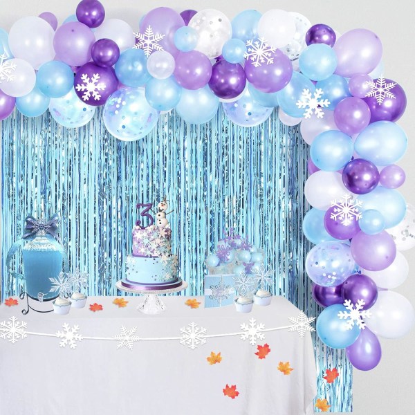 CHR RINE Girl Födelsedagsfestdekorationer, blå festdekorationer, snöflingadekorationer, 109 st ballonger, 2 st