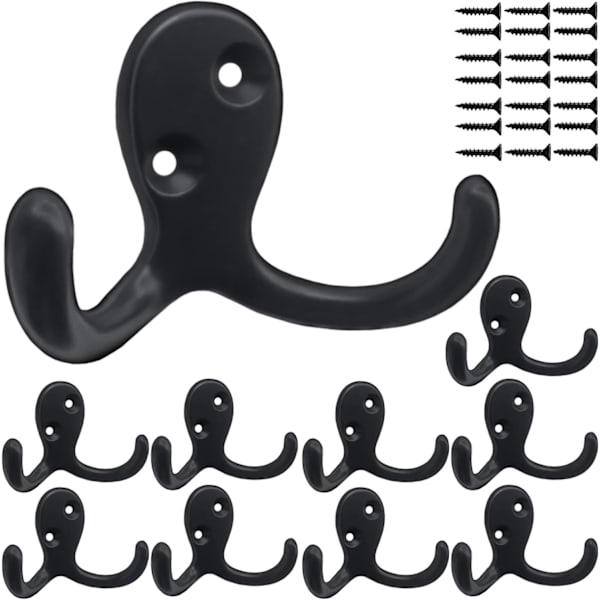 Kågekroge Hardware, 10 stk. vægkroge Heavy Duty kroge til ophængning af frakker Ingen rust Dobbelt kågekrog vægmonteret til nøgle, håndklæde (sort)