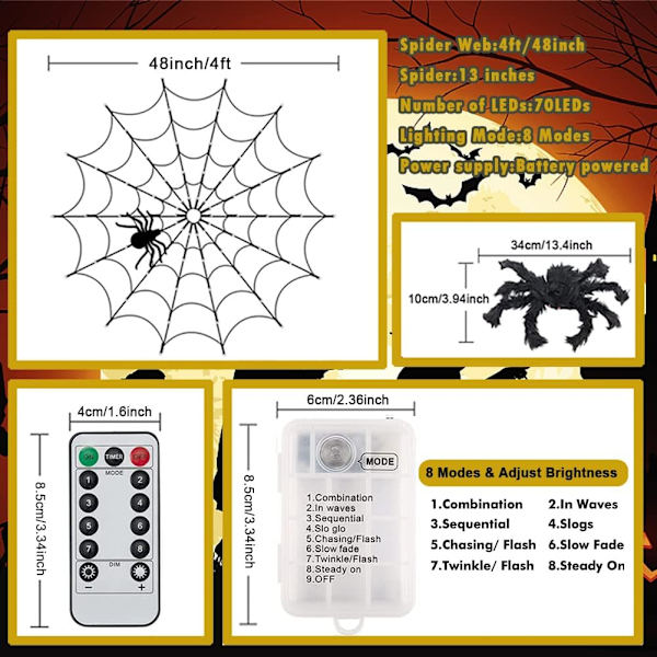 Halloween Edderkoppespind Lys 4FT Diameter 70 LED med Sort Edderkop, Vandtæt Orange Net Lys, Fjernbetjening, 8 Tilstande