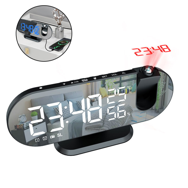 Digital väckarklocka för projektion, LED-spegelklockor vid sängen Radio med 180° projektor, dubbla larm, USB laddare-vit