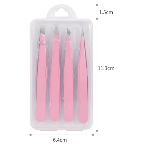 Pinsetsæt 4-delt, Professionelle pincetter i rustfrit stål, Præcisionspincetter til øjenbryn, ansigtshår, indgroede hår, splinter (Pink)