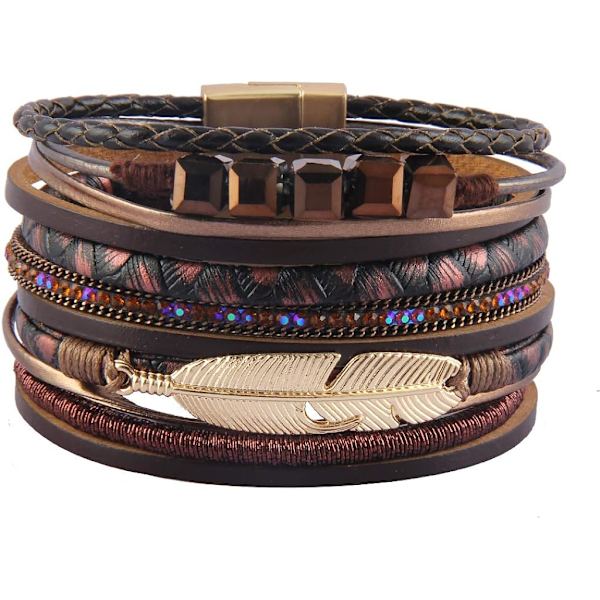 Heyone Dam Läder Manschett Armband Fjäder Multi Strand Armband Wrap Armband Turkos Boho Armband Flätad Läder