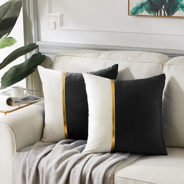 2 Pakker Svart Dekorativ Pynteputer Trekk 18x18 Tommer for Stue Sofa Seng, Sort og Hvit Fløyel Lappeteppe med Gull Lær 45x45 cm
