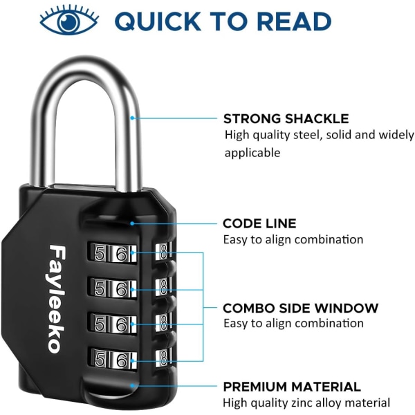 Kombinationslås, 4-cifret kombinationshængelås til skolegymnastikskab, hegn, værktøjskasse, etui, hængelåsskab (2-pak, sort)