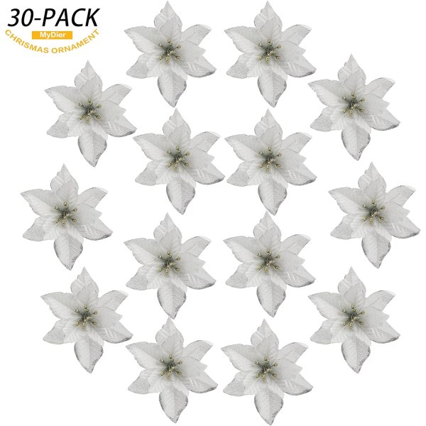 Julstjärna blommor 30 st glitter julstjärna julgransprydnader konstgjorda blommor för julgran 5,12 tum-silver