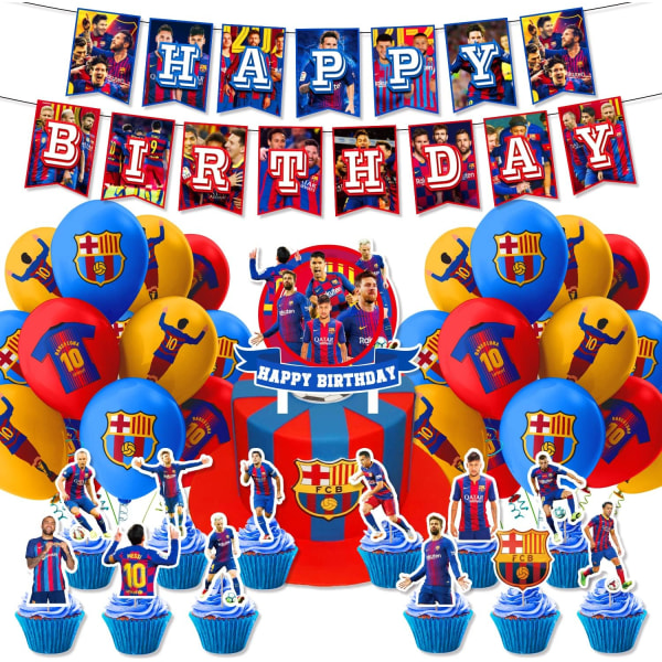 Barcelona bursdagsfestdekorasjoner Messi fotball bursdagsfestutstyr Fotballfestgaver i rommet inkluderer bannerballonger Cupcakeskaketopper