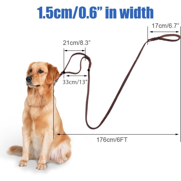 Ekstra solid lærbånd for hund med 2 håndtak, polstret trafikkhåndtak for ekstra kontroll, 6 fot hundetreningsbånd for mellomstore og store hunder