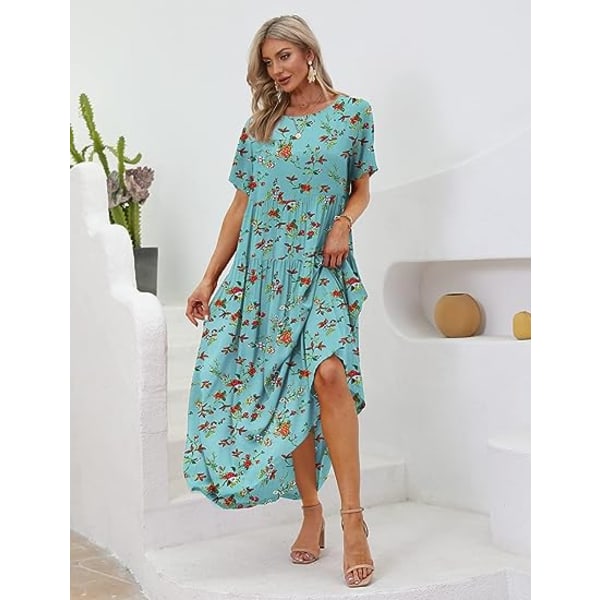 Kvinnor Casual Lösa bohemiska blommiga klänningar med fickor Kortärmad Summer Beach Swing Dress