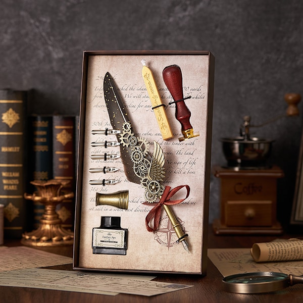 Peacock Mechanical Punk Style Wings Pen Dip Ink Set (Excluding Notebook/Notepad) Grå