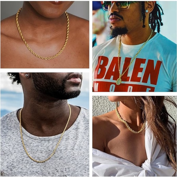 18k äkta guldpläterad repkedja 4mm rostfritt stål tvinnad kedja halsband för män kvinnor 22 tum