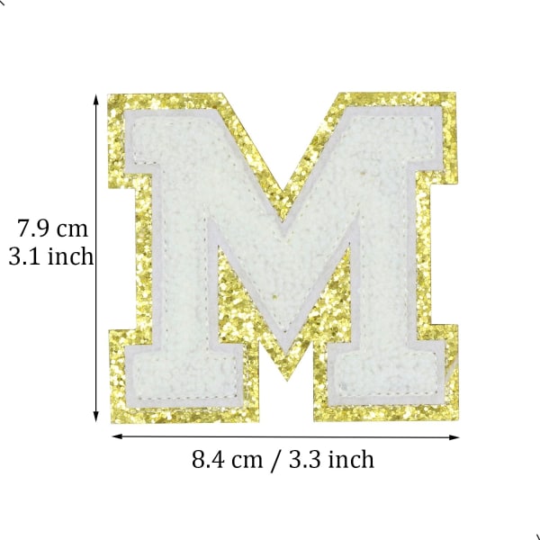 Englannin kirjain M - Silitysmerkit korjauslaastareille Aakkoset ompelukirjonnat Vaatteiden merkit, kultaisella glitter-reunuksella, liimapohjaiset tarrat（Valkoinen M）MValkoinen