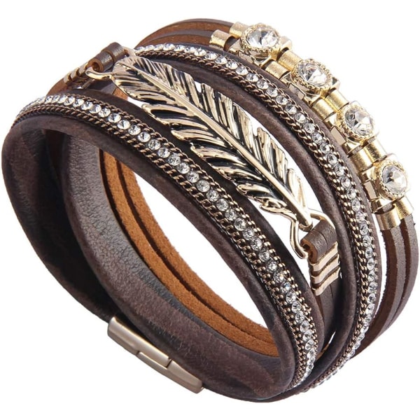 Heyone Dam Läder Manschett Armband Fjäder Multi Strand Armband Wrap Armband Turkos Boho Armband Flätad Läder