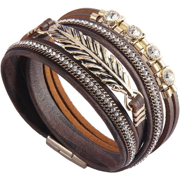 Heyone Dame Skinn Mansjett Armbånd Fjær Multi Strand Armbånd Wrap Armbånd Turkis Boho Armring Flettet Lær