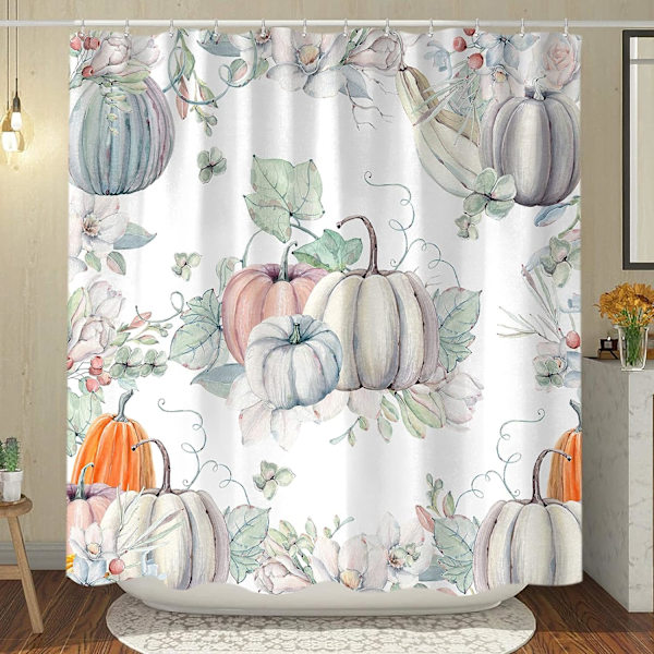 Efterårs Teal Græskar Bruseforhæng, Sød Efterår Thanksgiving Akvarel Dekoration med Kroge 72 X 72 tommer Boho Bondehus Blomsterferie Badeværelse Indretning