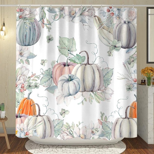 Høst Teal Gresskar Dusj Gardiner, Søt Høst Thanksgiving Akvarell Dekorasjon med Kroker 72 X 72 tommer Boho Farmhouse Blomsterferie Bad Dekor