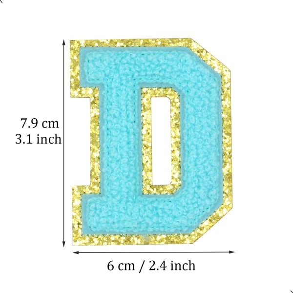 English Letter D Iron On Repair Patches Alphabet Sewing Appliques Clothing Badges, with Gold Glitters Border, Adhesive Back Sticker（Blue D）DBlue