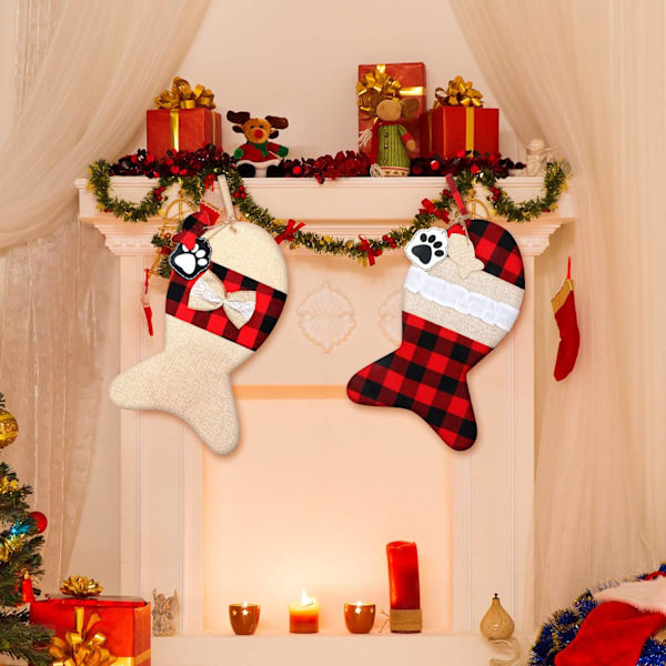 2 stk. Burlap kæledyr jule strømper Buffalo Plaid store fisk formet bue kæledyr jule strømper til juletræ hjem fest dekorationer