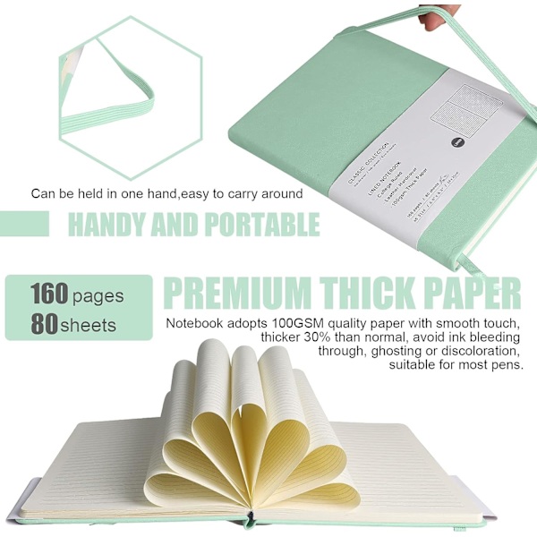 Viivoitettu lehtiö, (munankuorenvihreä), 160 sivua, keskikoko 5,7 tuumaa x 8 tuumaa - 100 gsm paksu paperi, kovakantinen