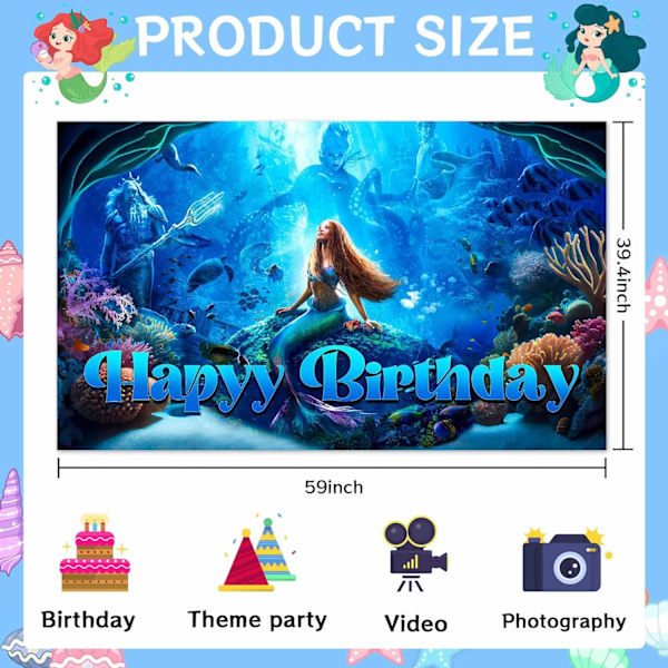 Havfrue Fødselsdagsfest Tilbehør, Baby Shower Baggrund Tegneserie Fest Dekorationer Banner Anime Fødselsdagsfest Dekoration Tillykke Fødselsdag Gunstbevisninger