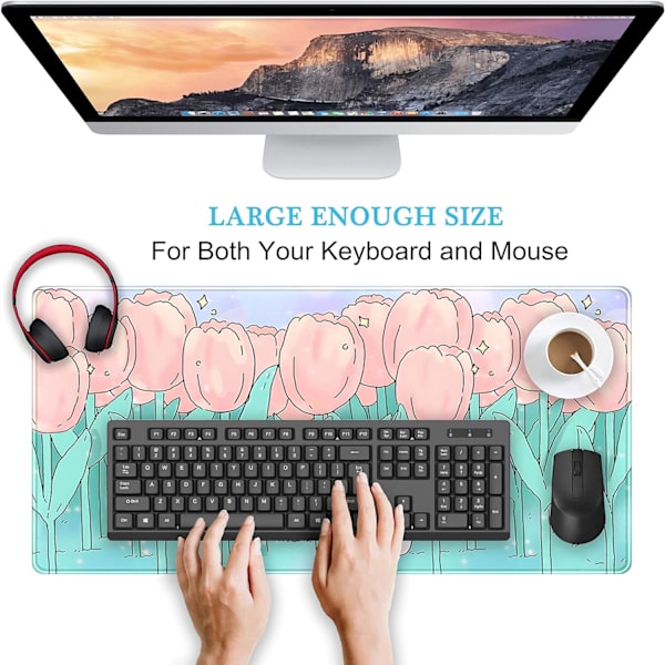 Kawaii tecknad kanin skrivbordsunderlägg söt, rosa tulpan skrivbordsunderlägg anime blommor musmatta utökad spelmusmatta XXL 31,5\"x15,75\"